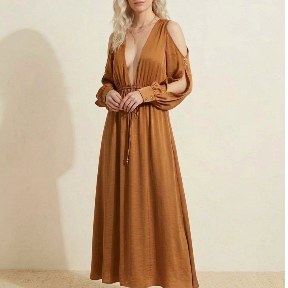 Morning Mist Maxi Dress Copper Brown Sz 8 Cold Shoulder w Built in Romper Boho